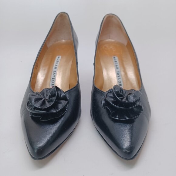 Morgan Taylor Heels Black Leather Rosette Point Toe Classic Vintage Womens 8.5 - Picture 3 of 16